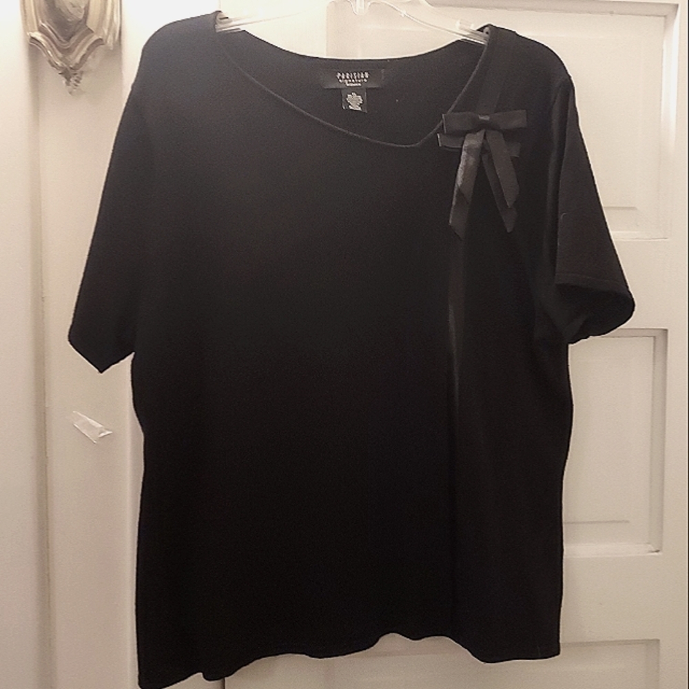 PARISIAN Black Short Sleeve Holiday Sweater Ribbon Accent, Size 1X